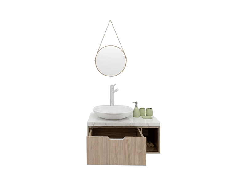 New-Chinese-Style Premium Custom Vanity [Molan Cabinet Expert] E0 Eco-Board Carcass + German Thermofoil Door + HD Round Mirror + High-Fired Ceramic Countertop Basin + Hot & Cold Faucet + Solid-Color Quartz Top, One-Drawer Wall-Mount A004 4