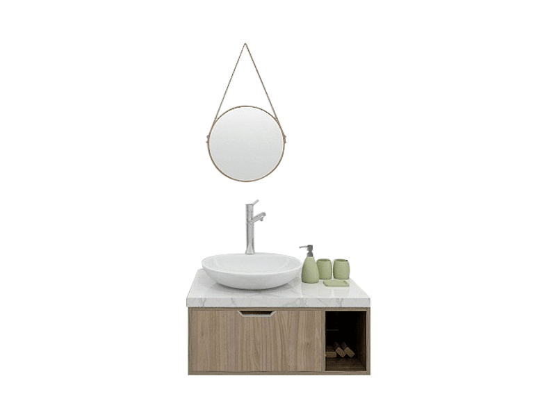 New-Chinese-Style Premium Custom Vanity [Molan Cabinet Expert] E0 Eco-Board Carcass + German Thermofoil Door + HD Round Mirror + High-Fired Ceramic Countertop Basin + Hot & Cold Faucet + Solid-Color Quartz Top, One-Drawer Wall-Mount A004