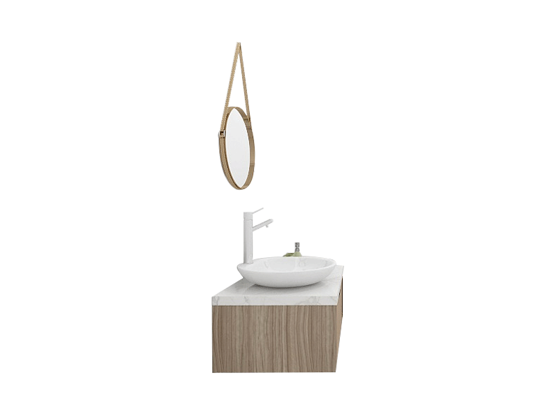 New-Chinese-Style Premium Custom Vanity [Molan Cabinet Expert] E0 Eco-Board Carcass + German Thermofoil Door + HD Round Mirror + High-Fired Ceramic Countertop Basin + Hot & Cold Faucet + Solid-Color Quartz Top, One-Drawer Wall-Mount A004 2