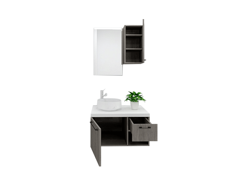 Nordic Minimalist Premium Custom Vanity [Molan] E0 Eco-Board Carcass + German Thermofoil Door + HD Mirror + Single-Door Upper Cabinet + High-Fired Ceramic Basin + Hot & Cold Faucet + Solid-Color Quartz Top, Two-Drawer Wall-Mount A005 4