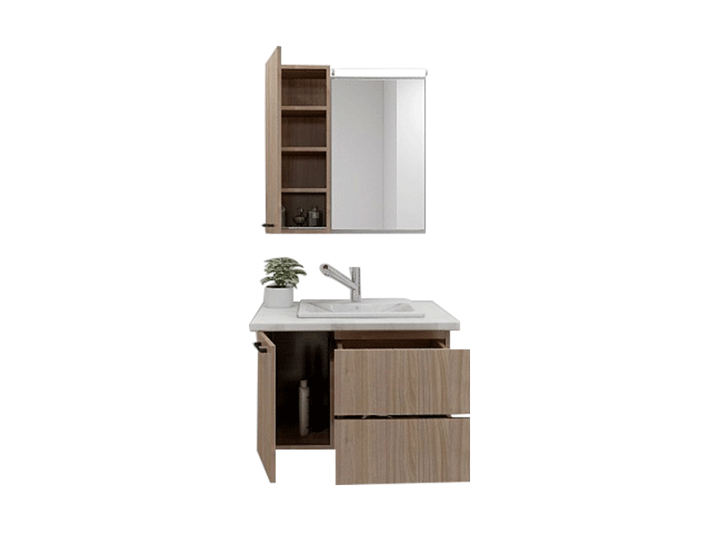 Nordic Minimalist Premium Custom Vanity [Molan] E0 Eco-Board Carcass + German Thermofoil Door + HD Mirror + Single-Door Upper Cabinet + High-Fired Ceramic Basin + Hot & Cold Faucet + Solid-Color Quartz Top, Two-Drawer Single-Door Wall-Mount A007 2