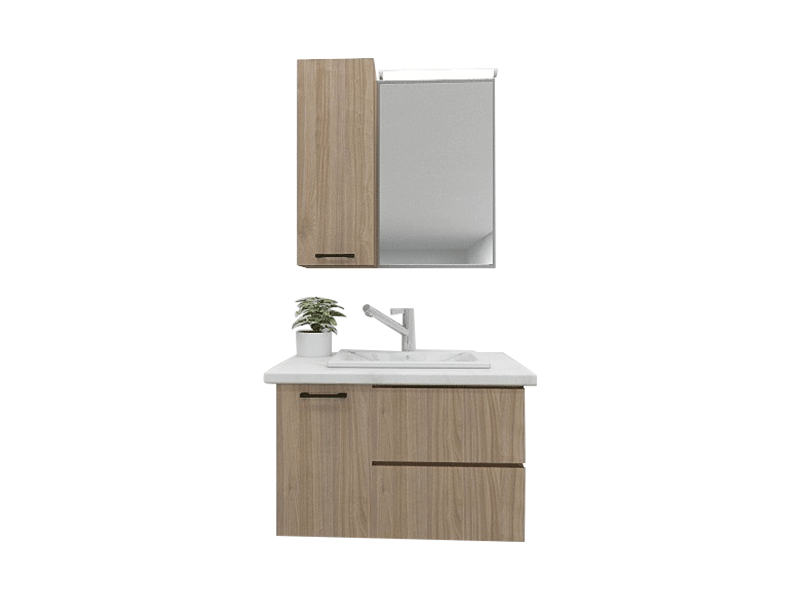 Nordic Minimalist Premium Custom Vanity [Molan] E0 Eco-Board Carcass + German Thermofoil Door + HD Mirror + Single-Door Upper Cabinet + High-Fired Ceramic Basin + Hot & Cold Faucet + Solid-Color Quartz Top, Two-Drawer Single-Door Wall-Mount A007